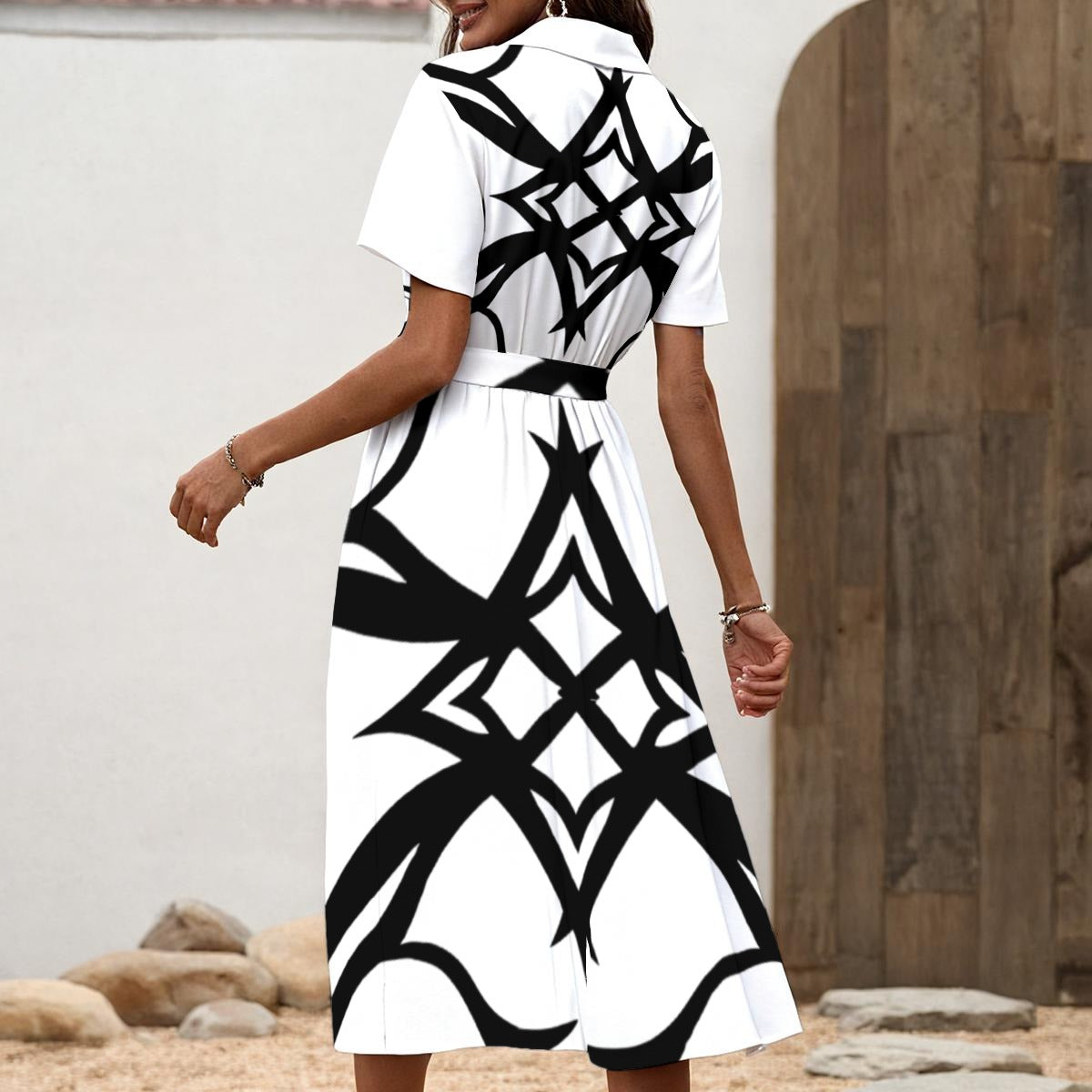 Pure Vessel Collar Button Up Long Dress with Waist Tie
