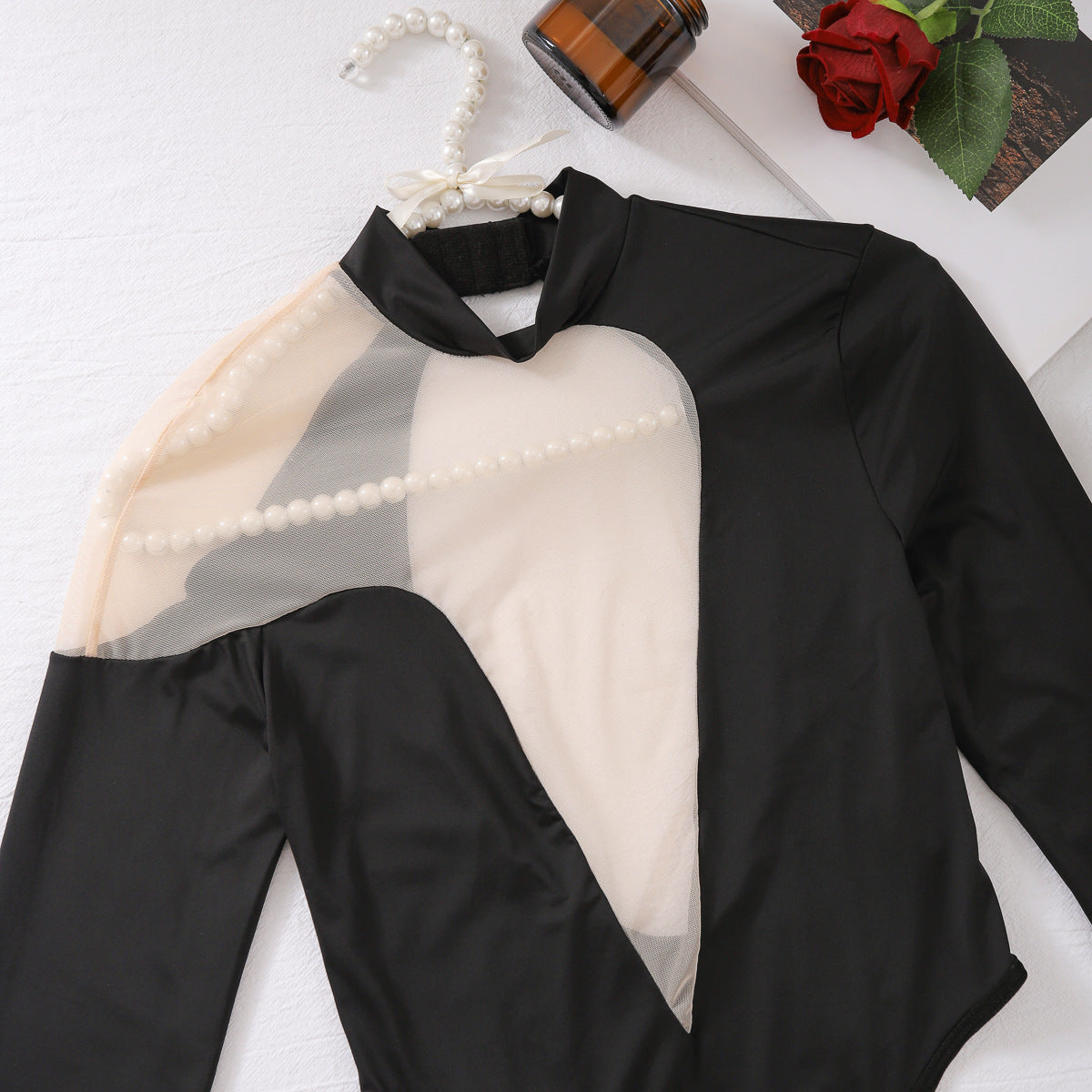 Asymetrical Deep V mesh long sleeve bodysuit