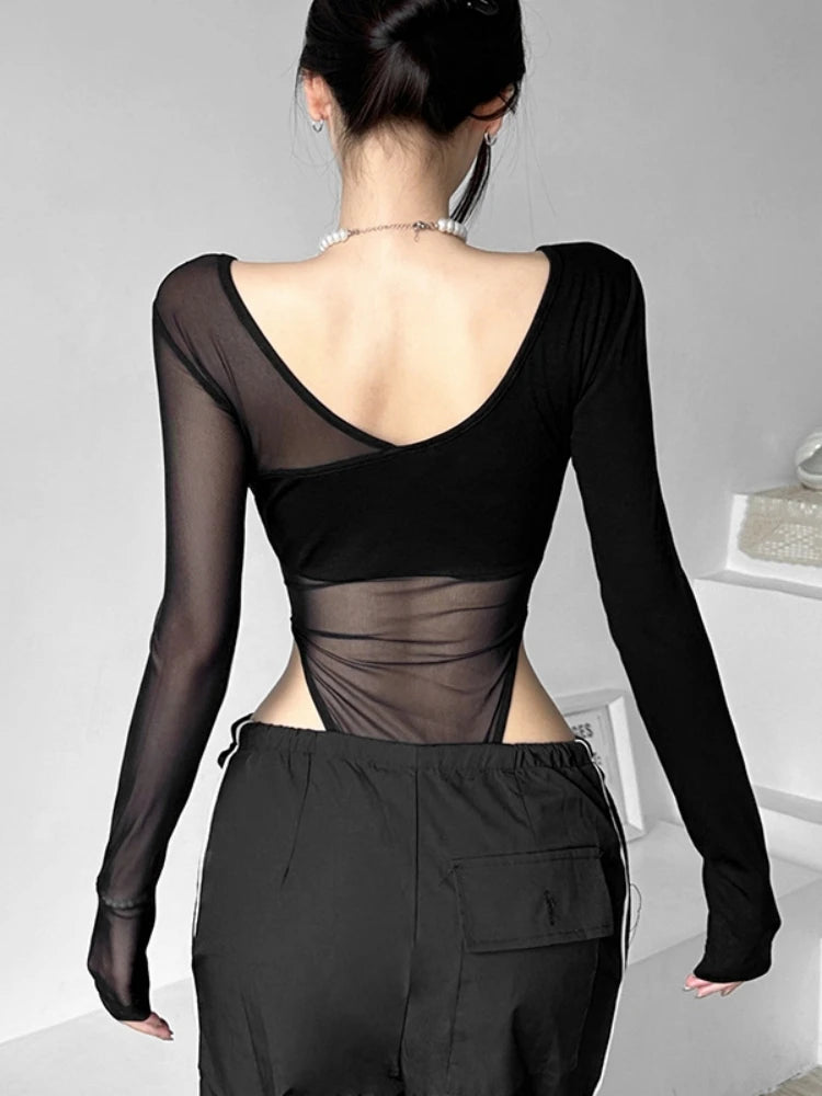 Asymmetrical Panel Mesh Scoop Neck Bodysuit - Donny's Angel