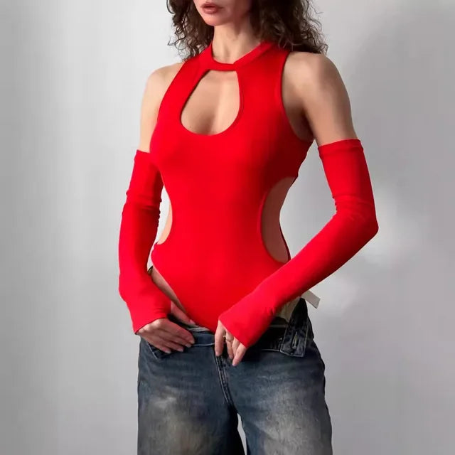 Women's Summer Sexy Bodysuit Off Shoulder Perforated Hollow Tight Long Sleeve Bodysuits One Piece Body Tops Y2k Woman Clothing - Donny's Angel