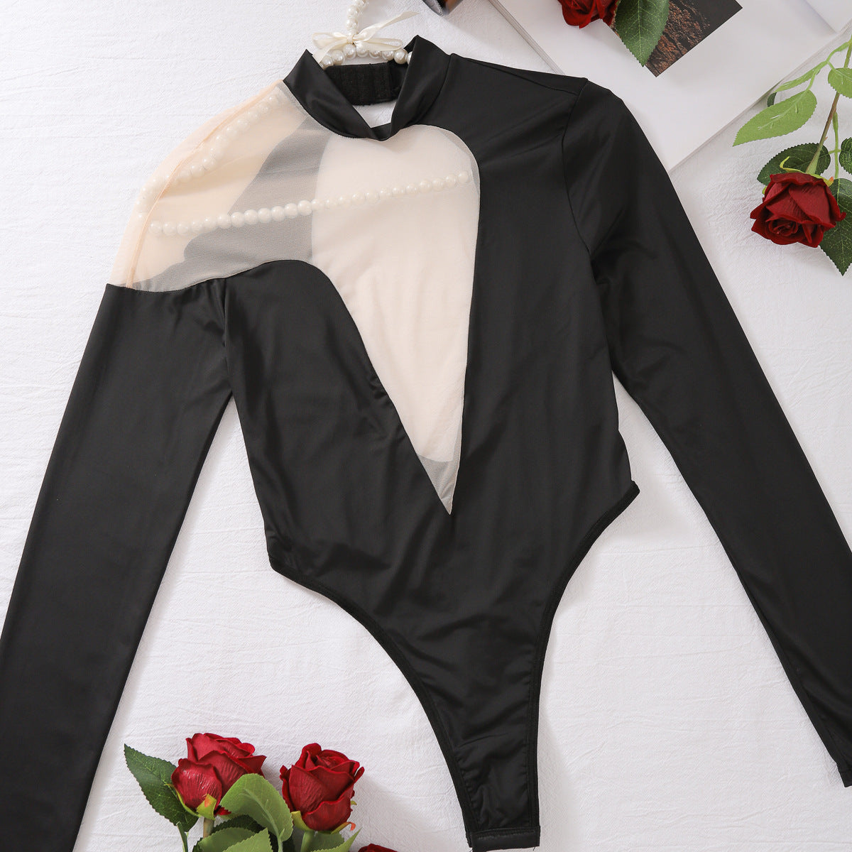 Asymetrical Deep V mesh  long sleeve bodysuit