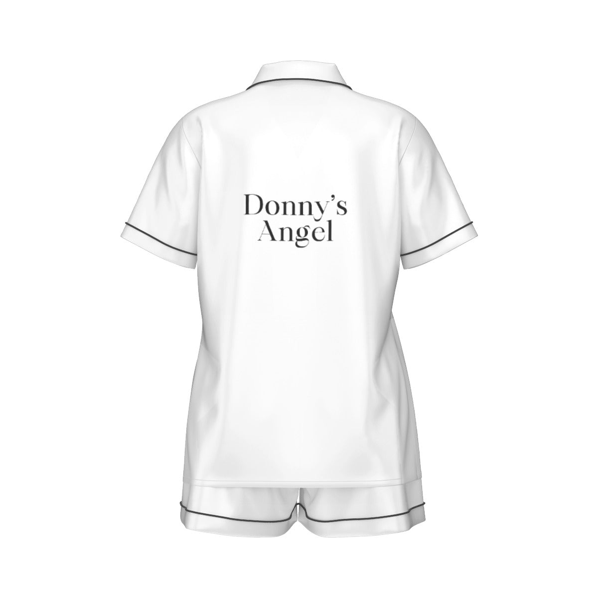 White silk  pajama set with 'Donny's Angel' text on the back against a white background