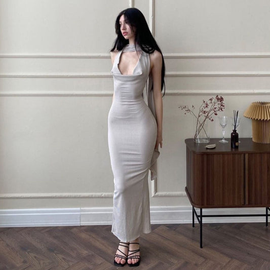 Plunge Halter Backless Sheath Sash Dress - Donny's Angel