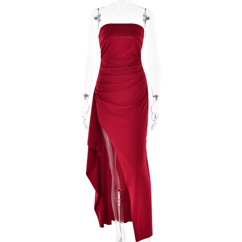 Unveiled Strapless High Slit Pleated Asymmetrical Dress - Donny's Angel