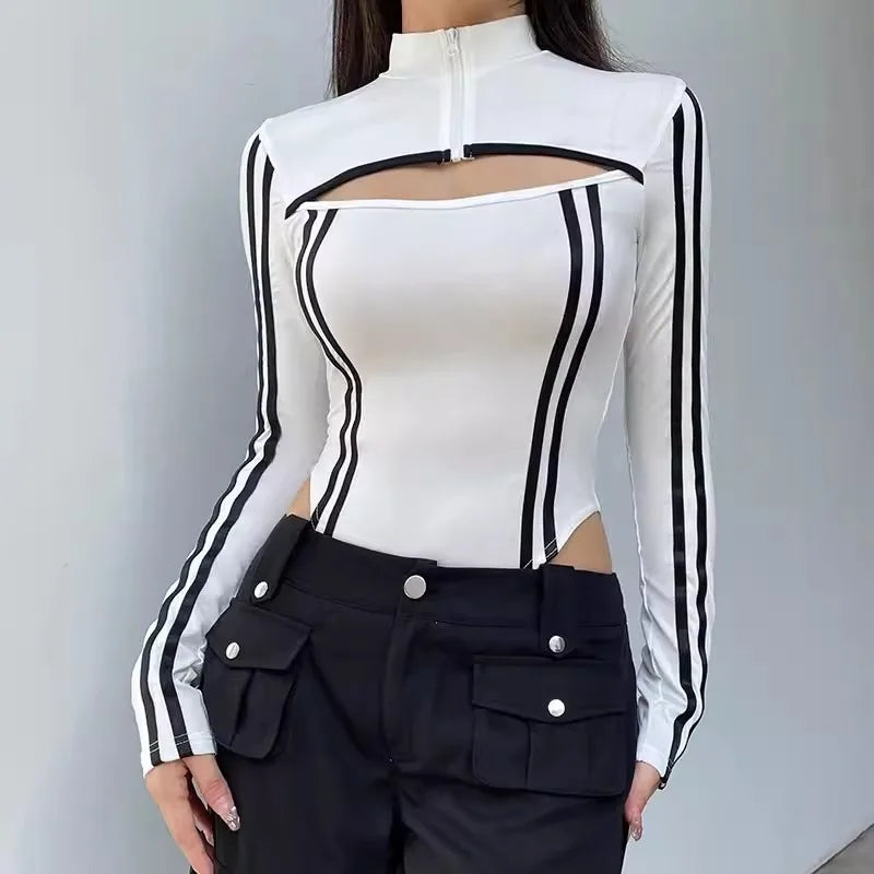 Race Style Unique Zip Striped Bodysuit - Donny's Angel