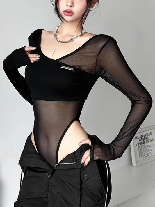 Asymmetrical Panel Mesh Scoop Neck Bodysuit - Donny's Angel