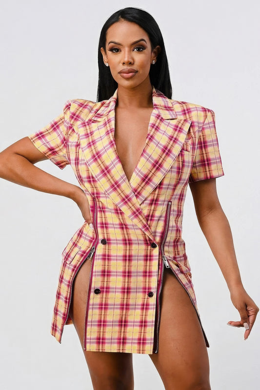 Wide Collared Double Breasted Plaid Blazer Mini Dress - Donny's Angel