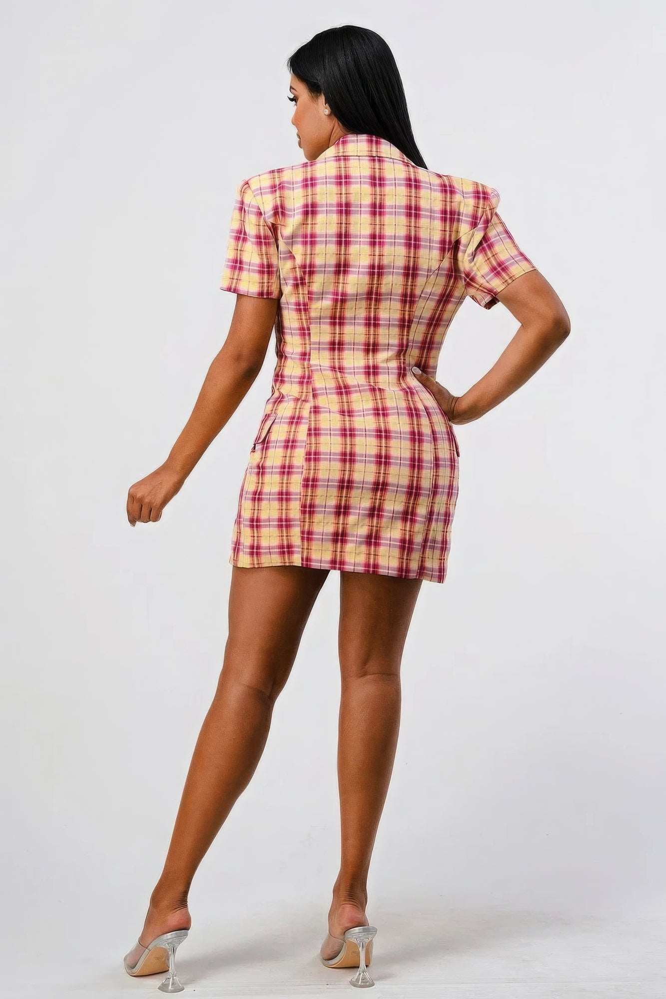 Wide Collared Double Breasted Plaid Blazer Mini Dress - Donny's Angel