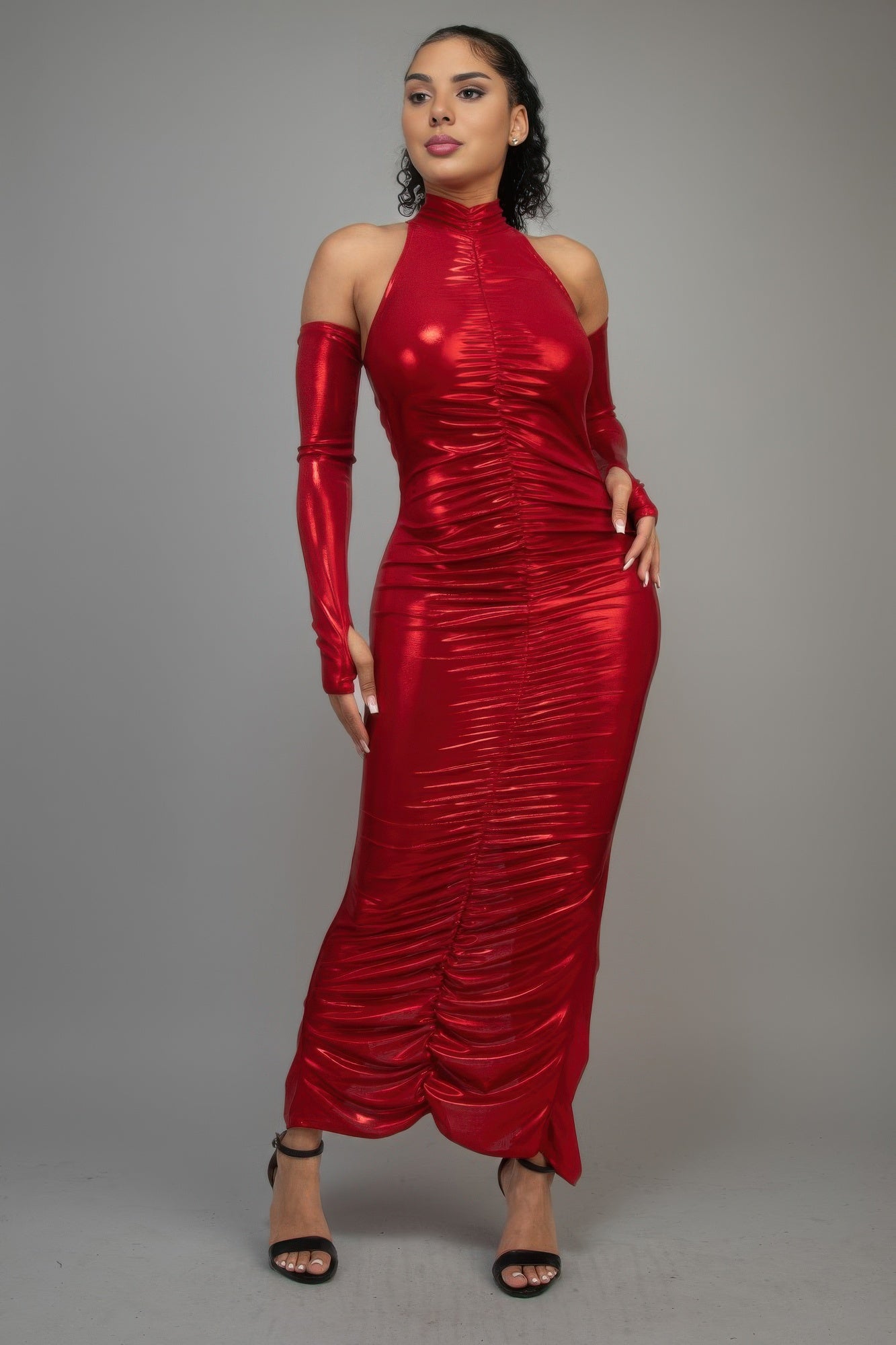 Metallic Ruched Dress With Sleeves - Donny's Angel