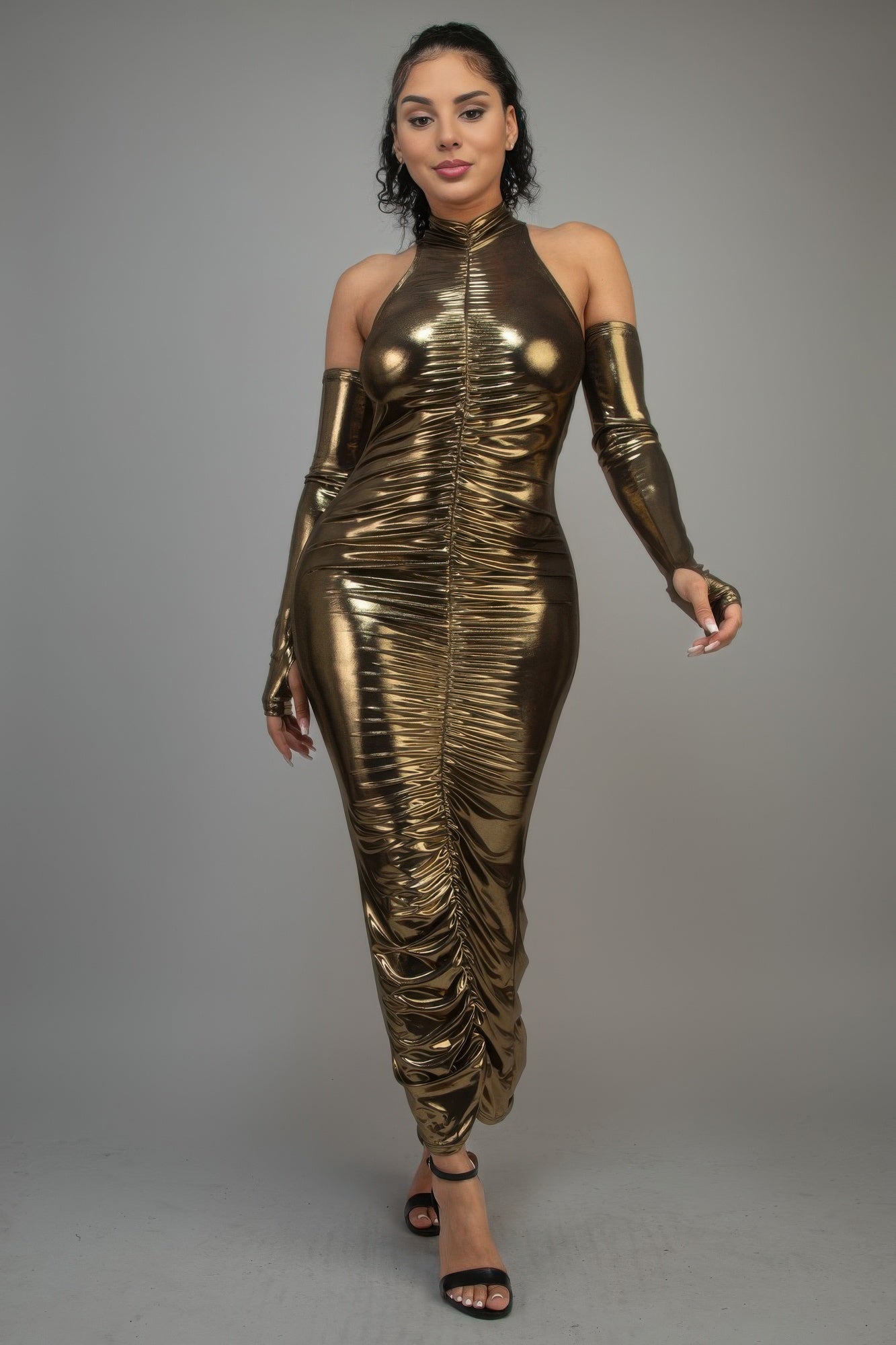 Metallic Ruched Dress With Sleeves - Donny's Angel