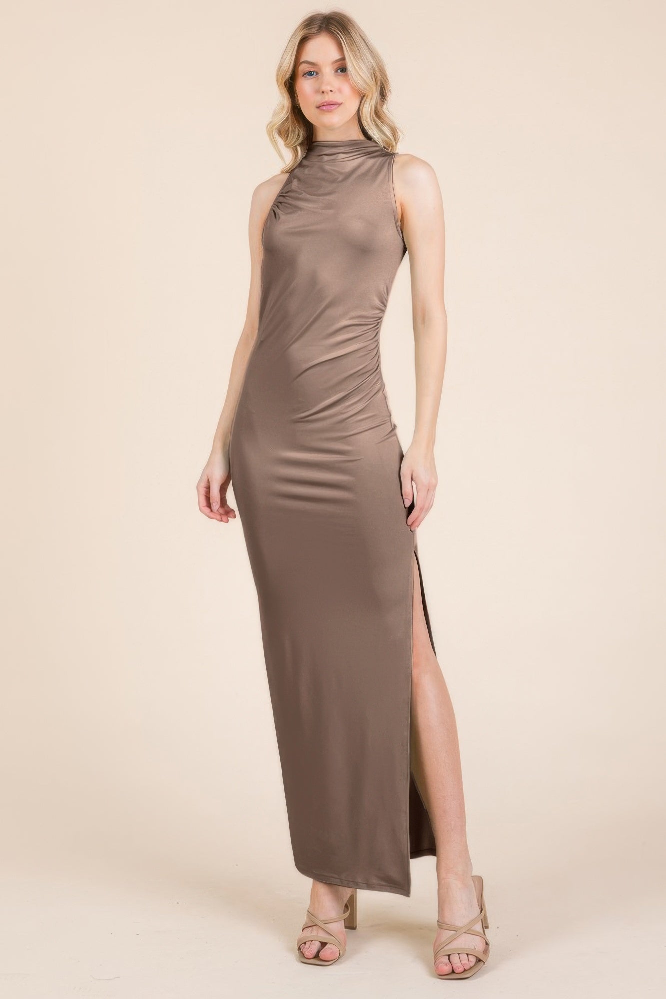 Back Cut Out Side Shirring Side Slit Maxi Dress - Donny's Angel