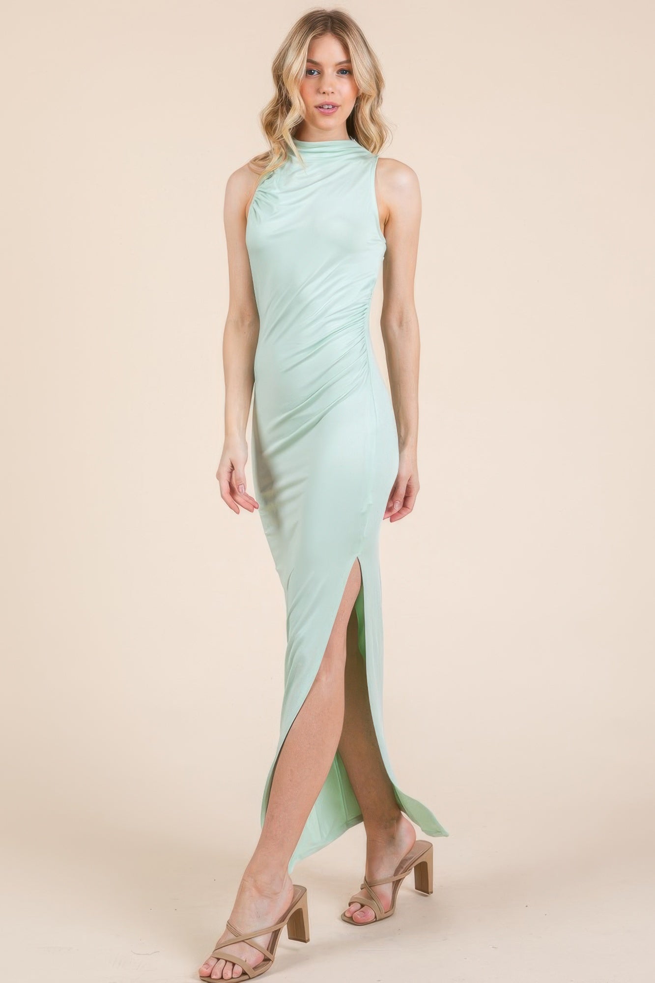 Back Cut Out Side Shirring Side Slit Maxi Dress - Donny's Angel
