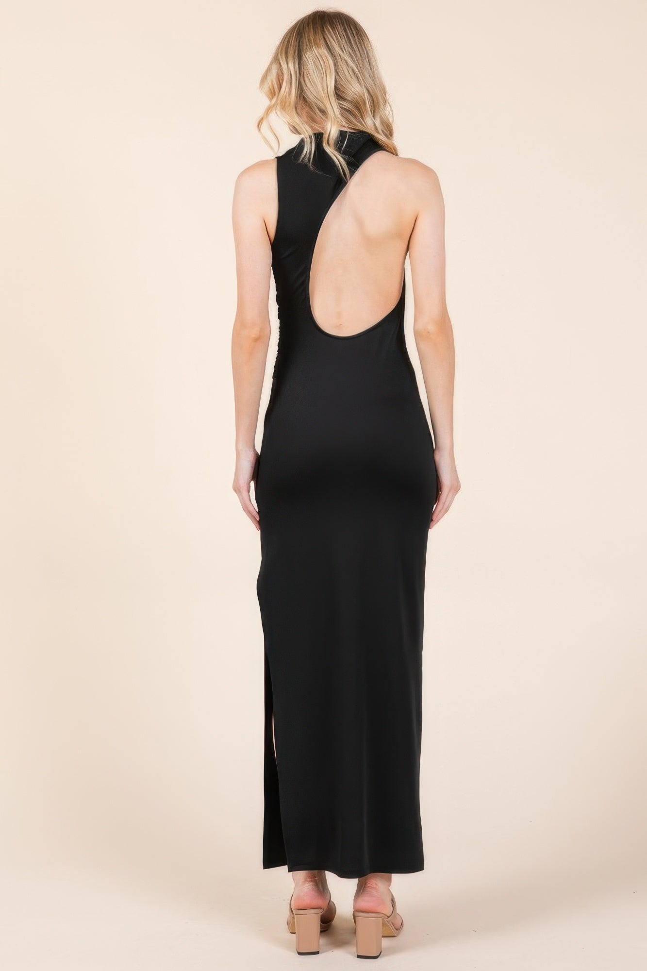 Back Cut Out Side Shirring Side Slit Maxi Dress - Donny's Angel