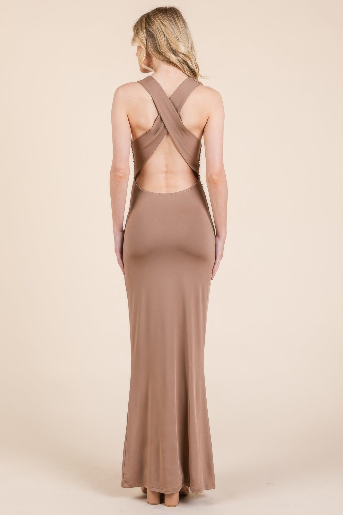 Cowl Neck Cross Back Shirring Maxi Dress - Donny's Angel