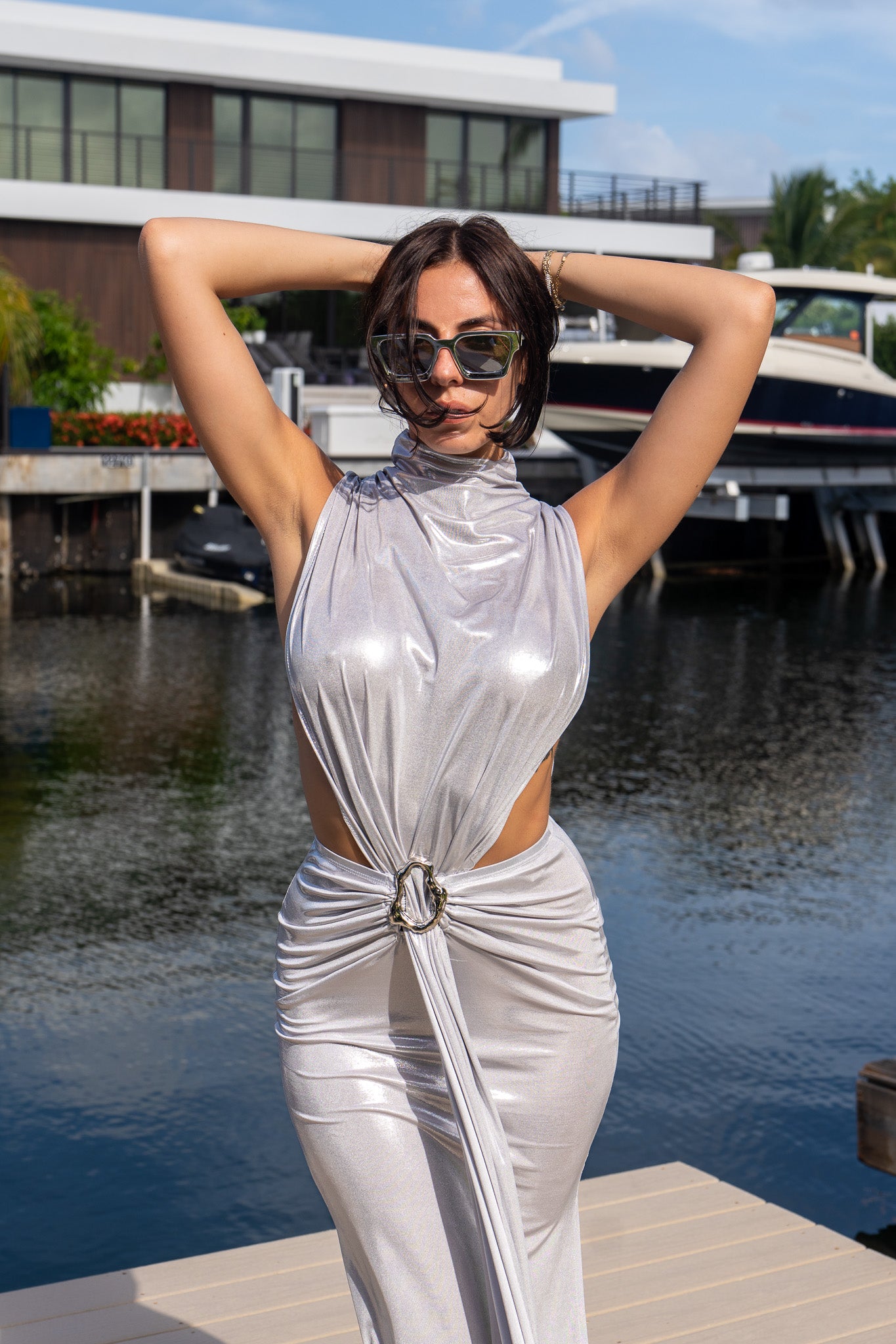 Glam High-Neck Side Cut Out Belted Dress - Donny's Angel