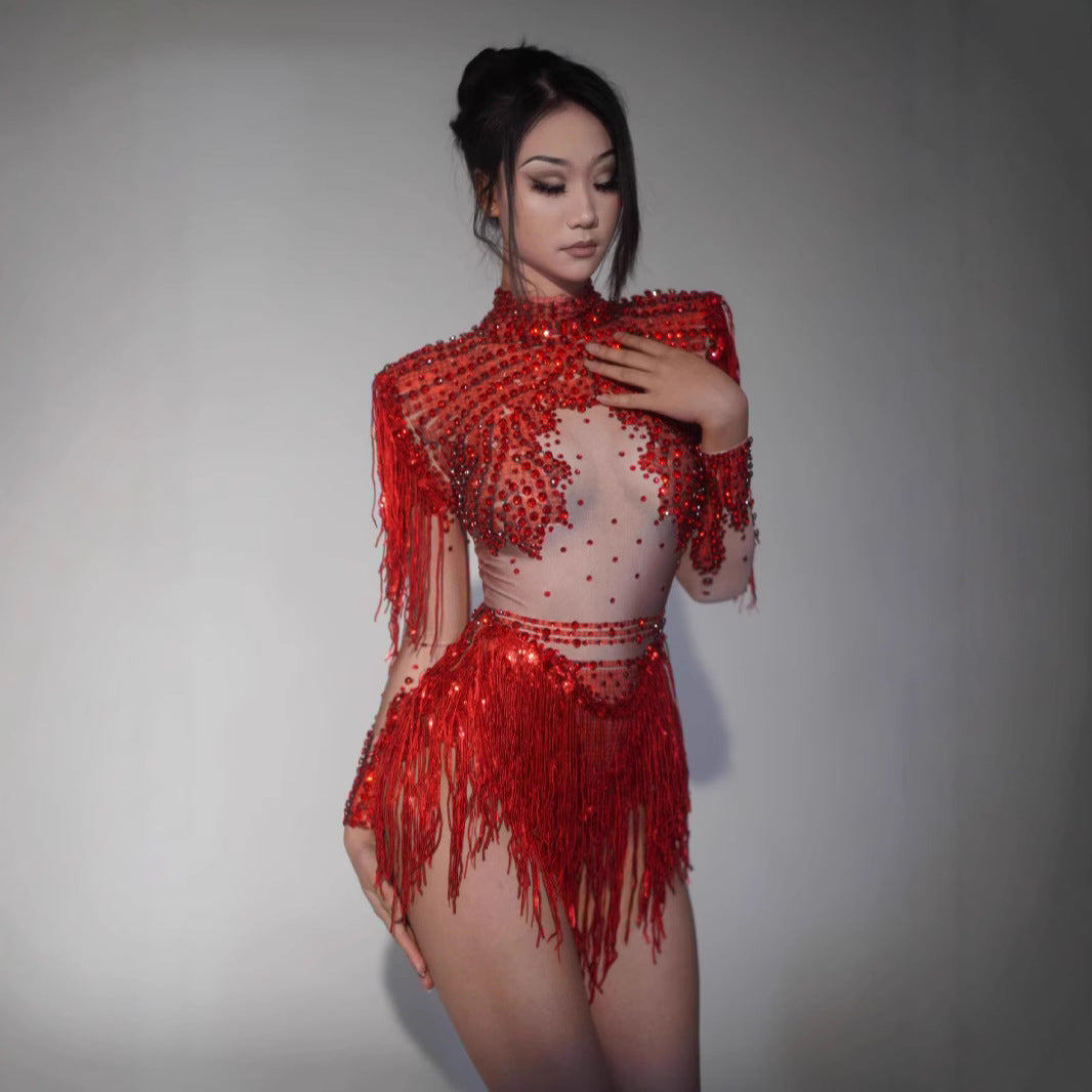 Crystal Elegance Fringe Tassel Bodysuit Dress