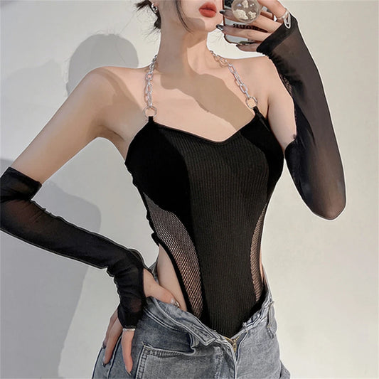 Chain Combo Mesh Sleeve Bodysuit - Donny's Angel