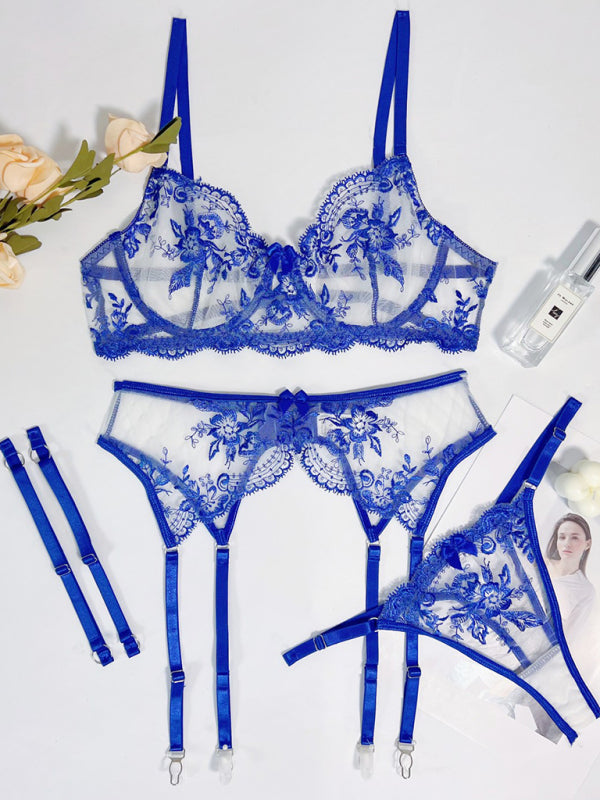Alluring Embroidered Sheer Belt Hollow Lingerie Set - Donny's Angel