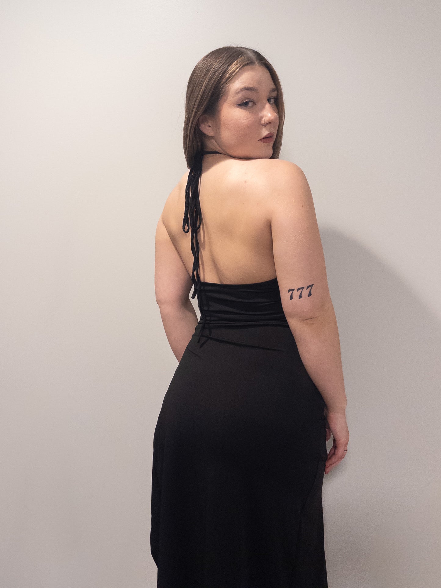 Hollow-out High Slit Halter Lace-up Dress